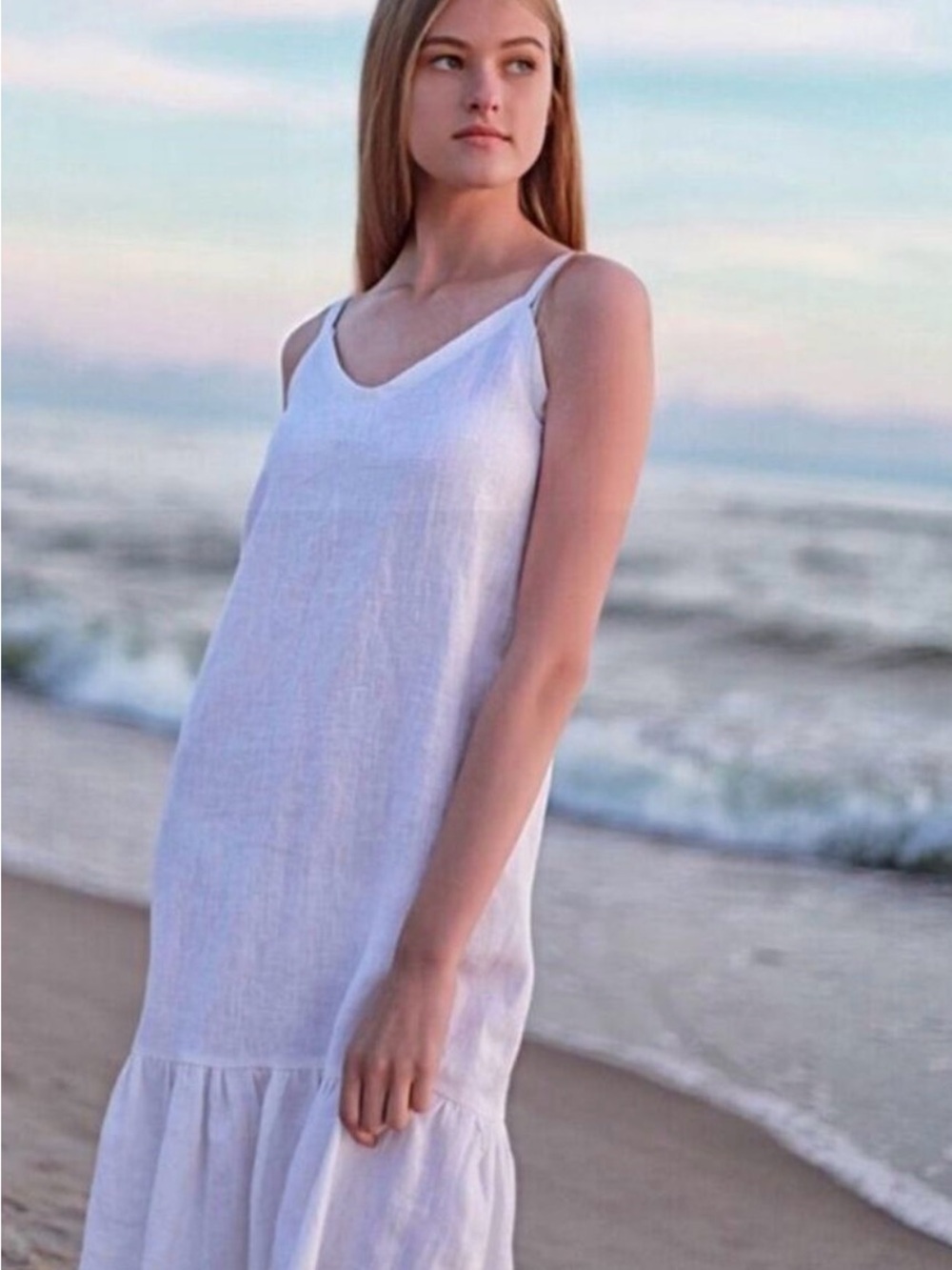 White Linen V-Neck Beach Coverup Dress - Women Swim Coverup